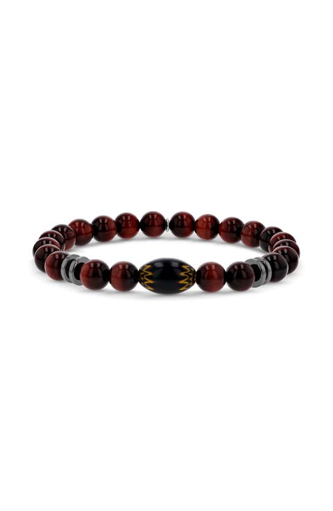 Mr Lowe Red Tigers Eye Bead Bracelet with Hematite Accents
