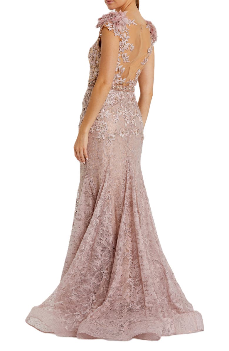 Mac Duggal Embroidered Illusion Appliqued Bodice Trumpet Gown, Alternate, color, Mocha