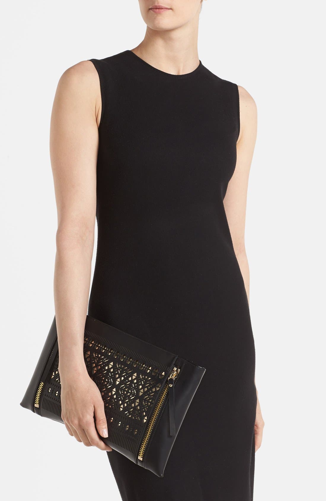 'Lila' Leather Clutch, Alternate, color, BLACK/ PALE GOLD