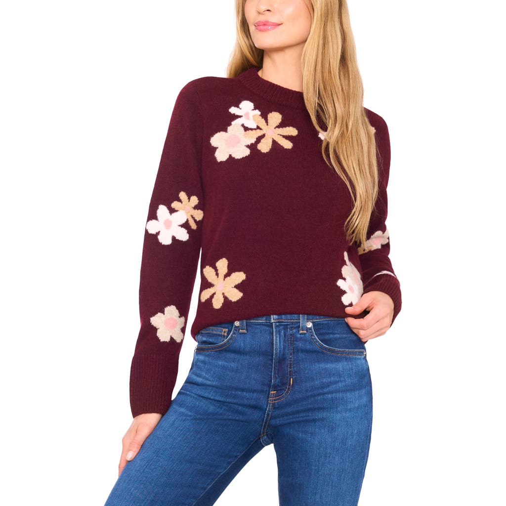 Cece Floral Crewneck Sweater In Burgundy
