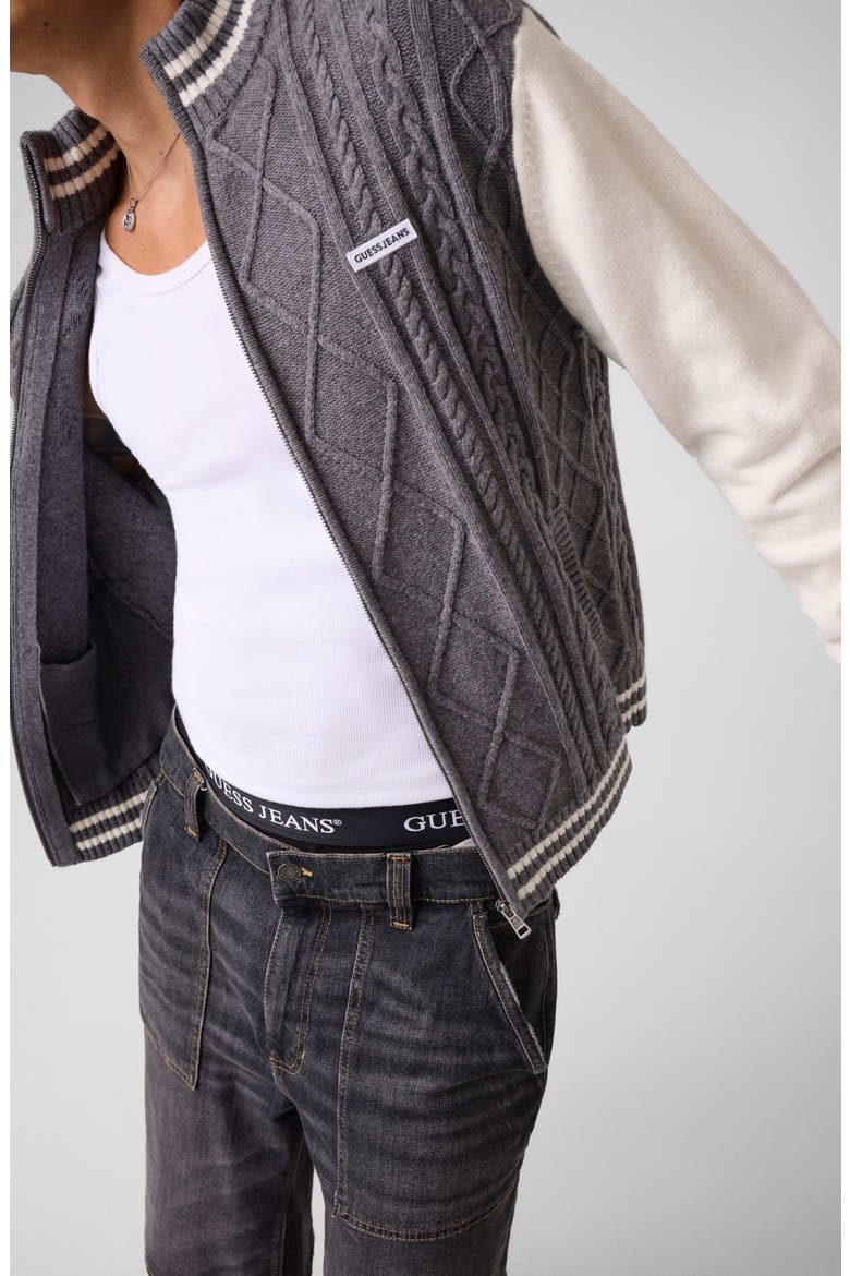 Zipped Bomber Sweater, Alternate, color, COBBLESTONE HEATHER
