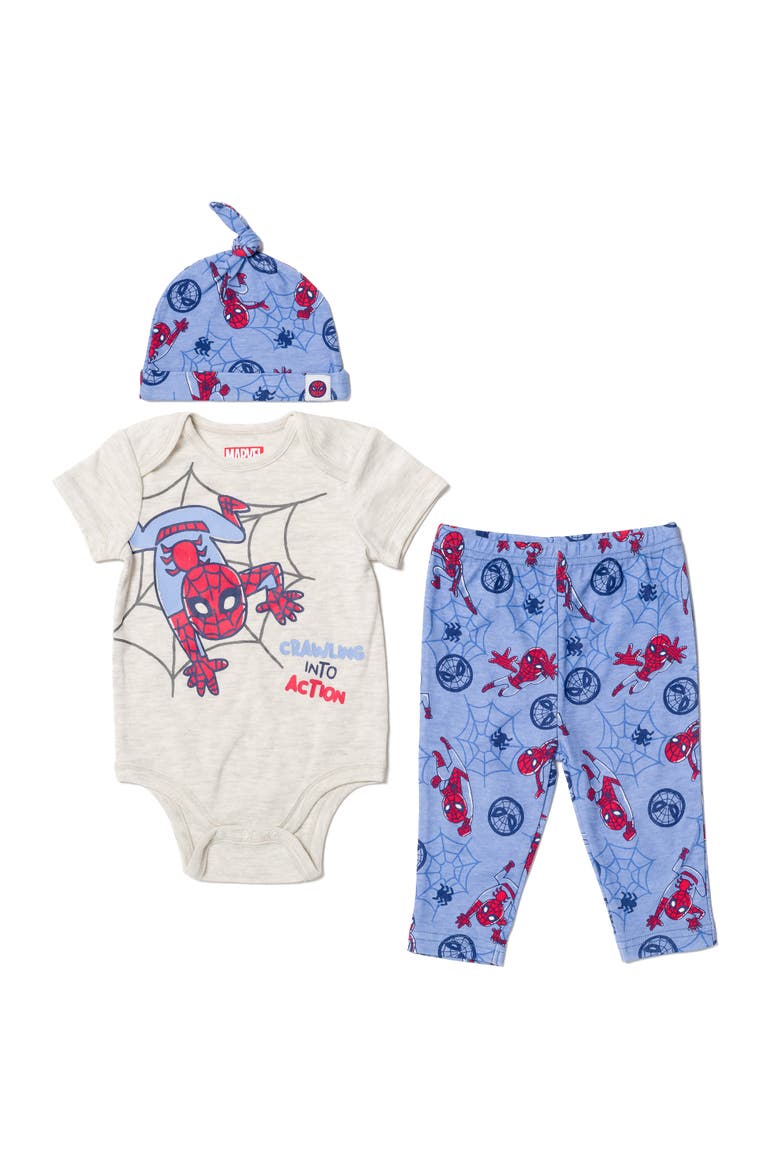 Bodysuit Pants and Hat Set, Main, color, Spider Man Oatmeal