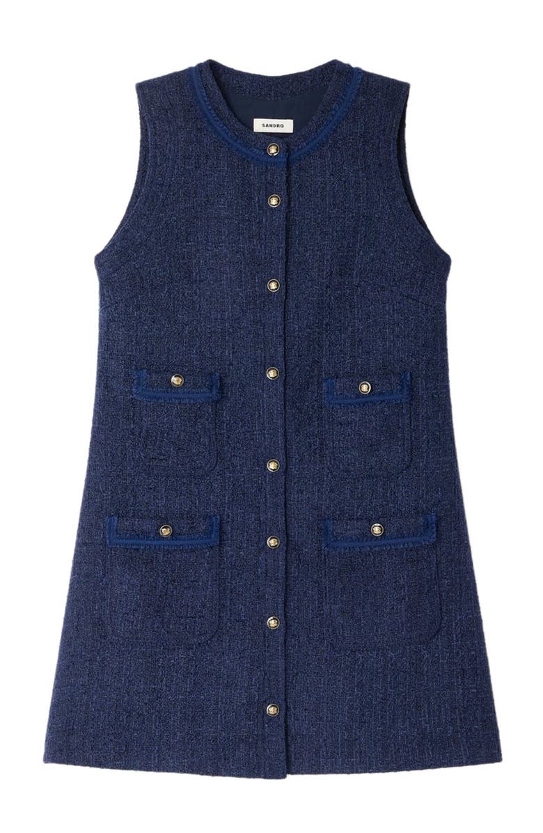 SANDRO Gold button short tweed dress, Alternate, color, Navy Blue