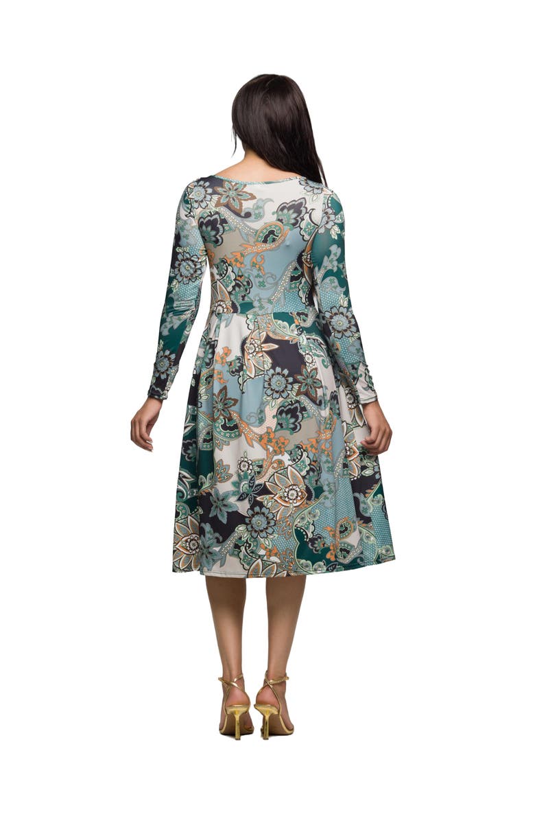 24seven Comfort Apparel Long Sleeve Midi Dress in Paisley Floral Print, Alternate, color, Green Multi