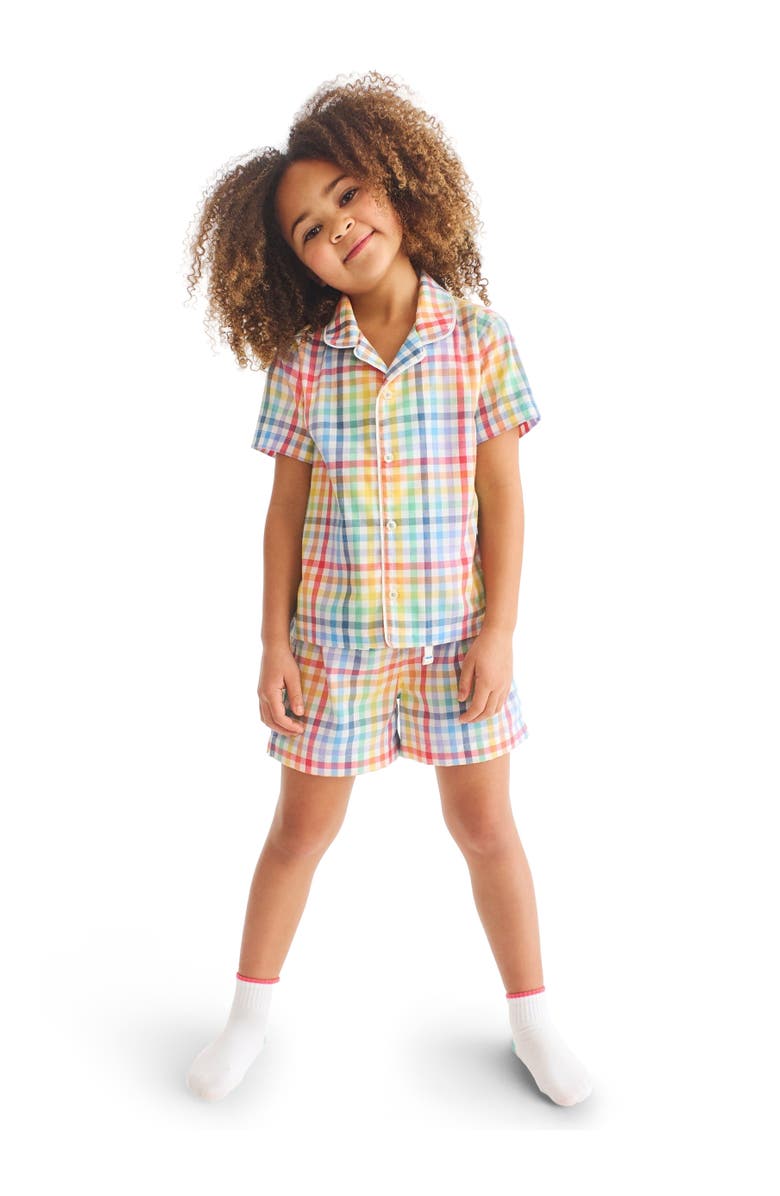 Primary Kids Short Sleeve Pj Top In Rainbow Plaid, Alternate, color, Ivory Rainbow Plaid