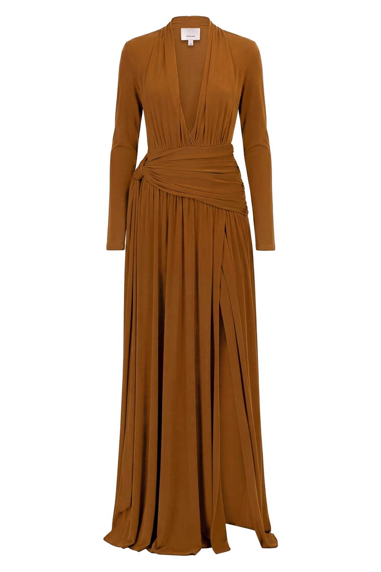 Zaviana Long Sleeve Matte Jersey Gown, Alternate, color, TOFFEE