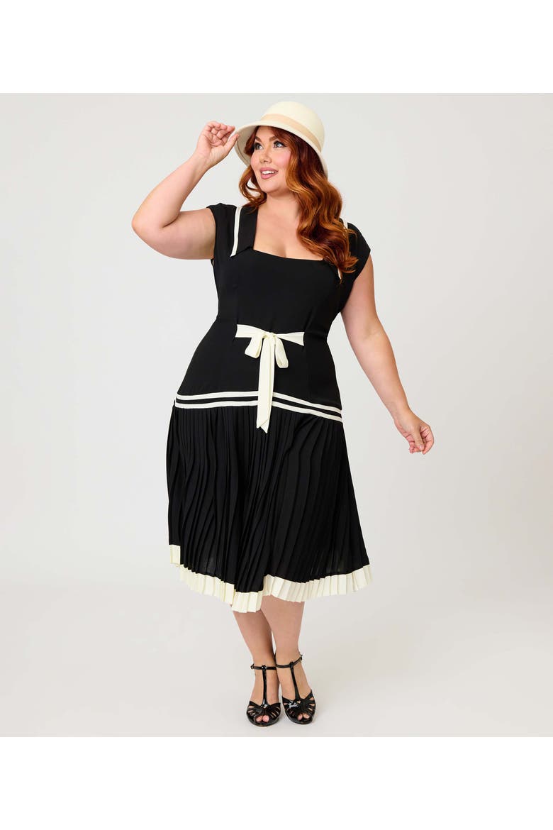 Plus Size Pleated Flapper Day Dress, Alternate, color, Black w/ White Ribbon