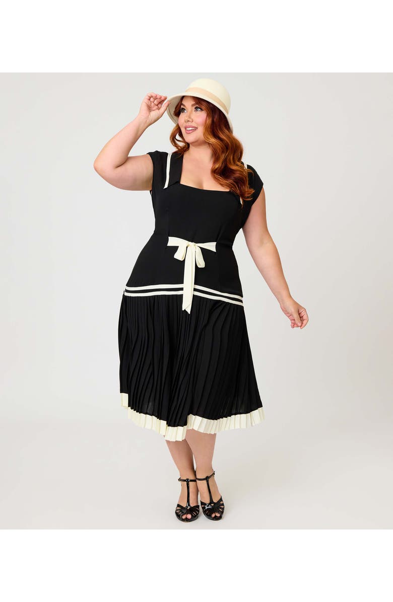 Unique Vintage Plus Size Pleated Flapper Day Dress, Alternate, color, Black W/ White Ribbon