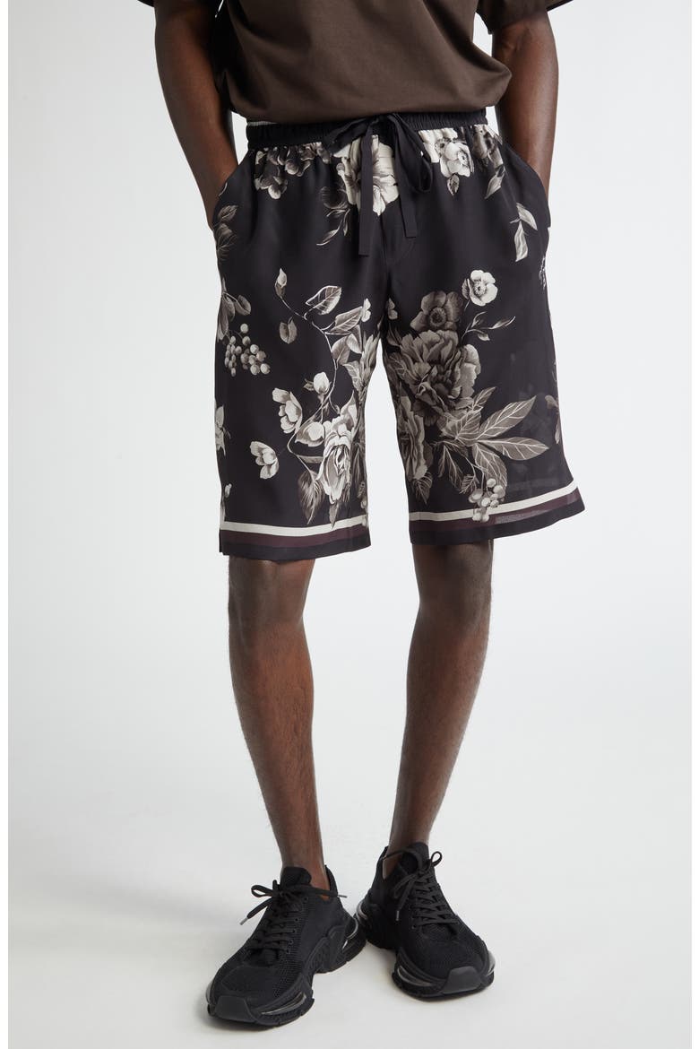 Floral Silk Jogging Shorts, Main, color, HN5DY FIORI GRIGI FDO NERO