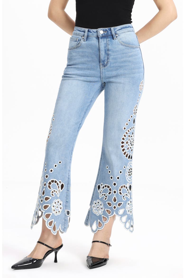 Eyelet High Waist Flare Jeans, Main, color, LIGHT BLUE