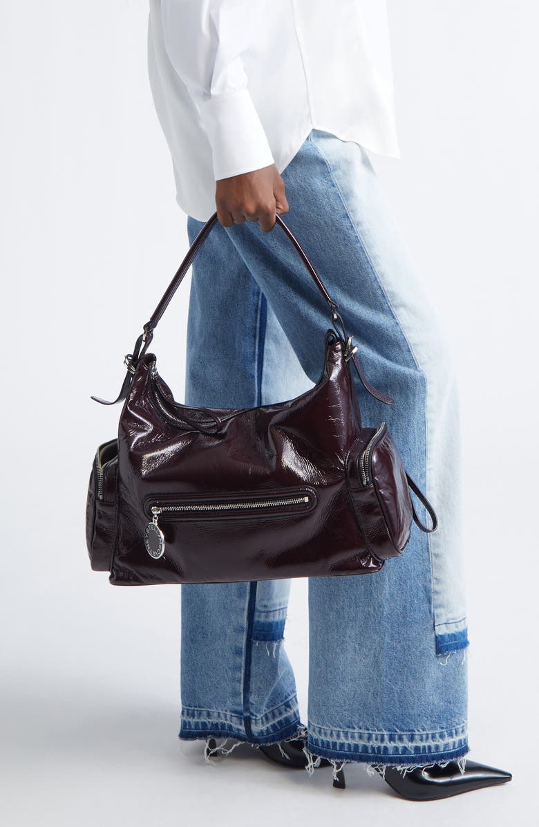 Stella McCartney Dartmoor Crinkled Patent Faux Leather Shoulder Bag, Alternate, color, Shiraz