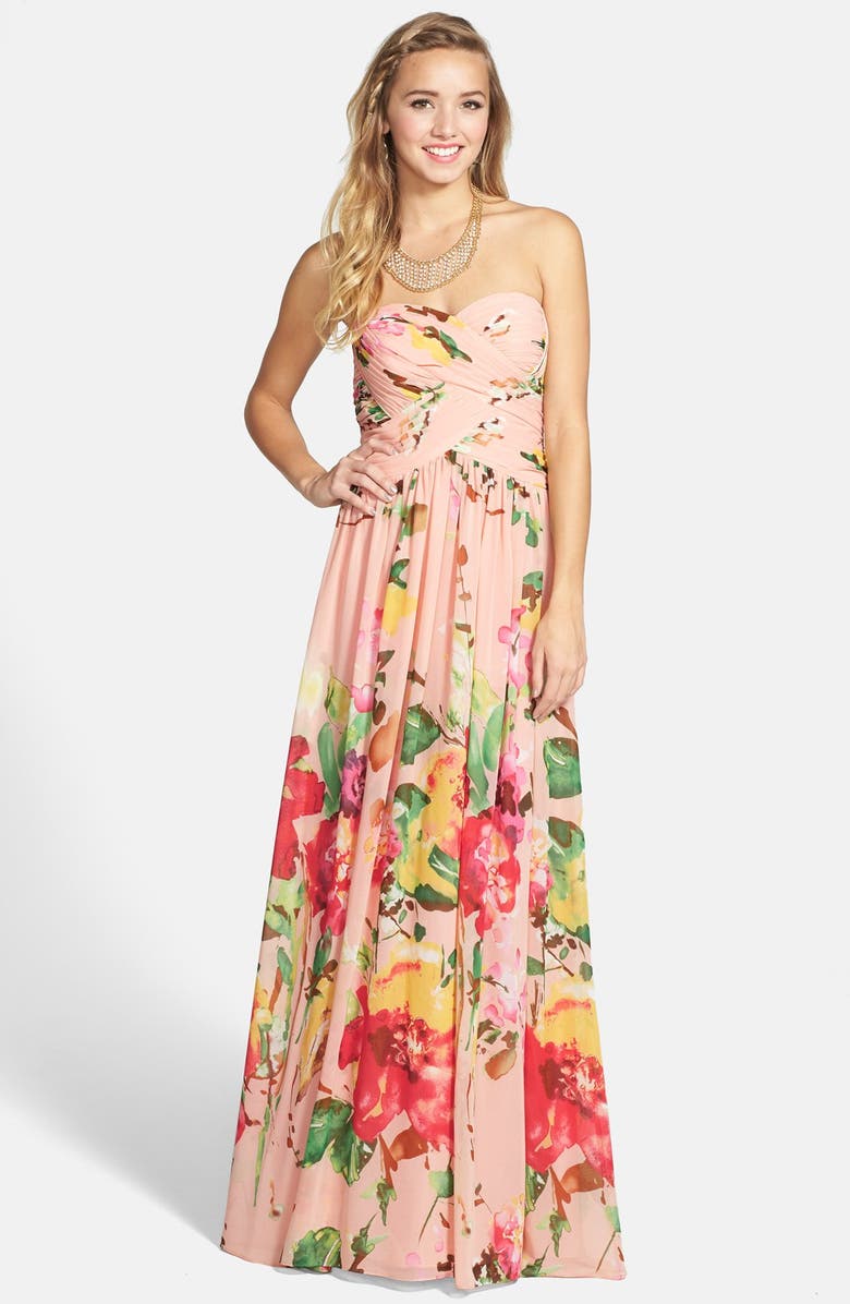 JS Boutique Floral Print Chiffon Strapless Gown, Main, color,