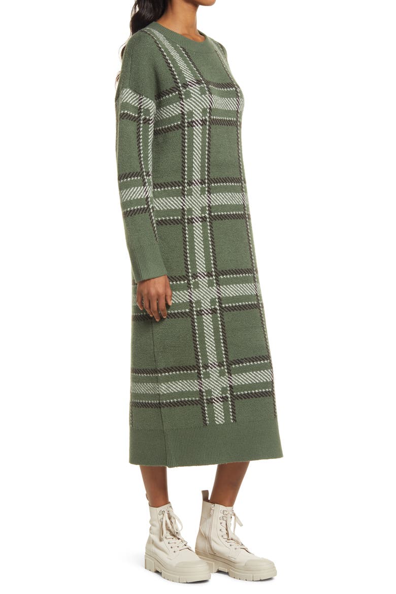 Plaid Long Sleeve Sweater Dress, Alternate, color, GREEN- IVORY COMBO