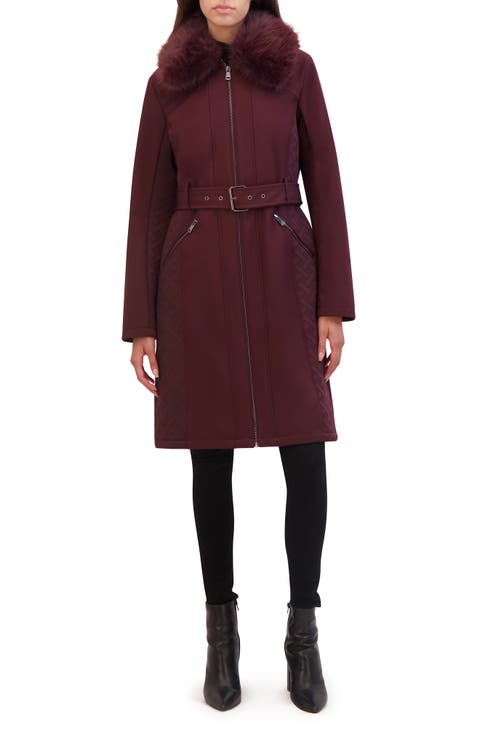 Belted Softshell Longline Coat with Faux Fur Trim