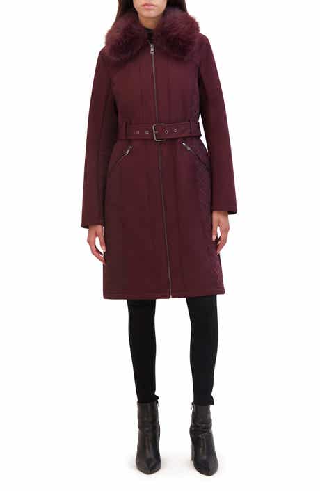 Kenneth Cole New York Belted Softshell Longline Coat with Faux Fur Trim