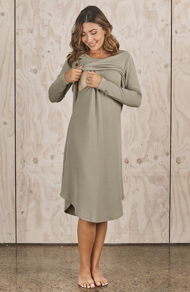 Angel Maternity Leah Long Sleeve Ribbed Maternity/Nursing Dress & Knotted Baby Gown Set, Alternate, color, Green