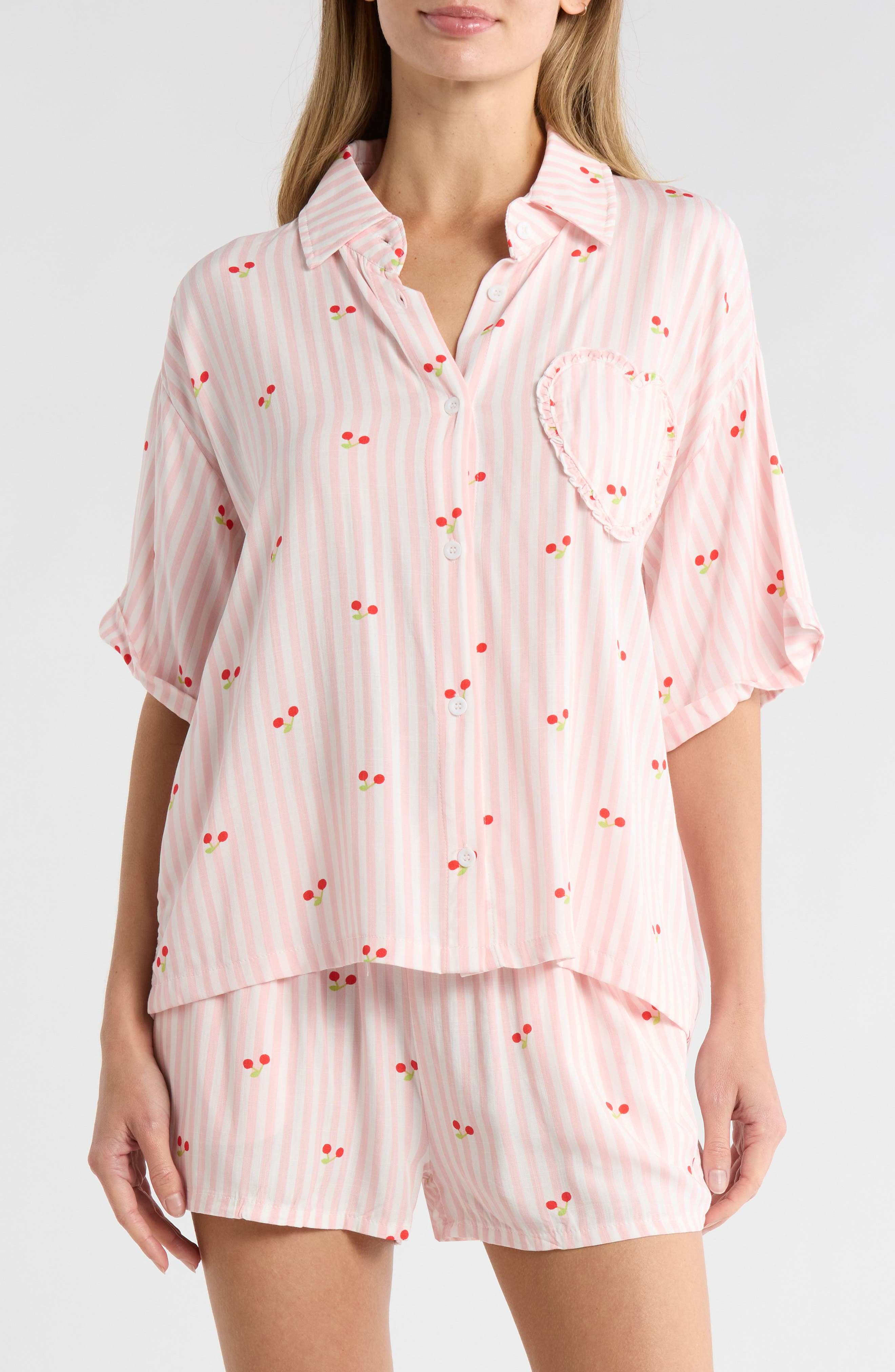 Betsey Johnson Heart Patch Cabana Button-Up Shirt & Shorts Cover-Up Set