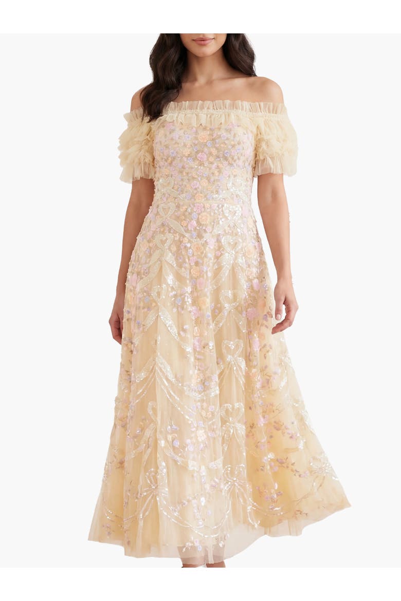 Ribbon Heart Off-shoulder Ankle Gown, Main, color, Lemon Sorbet/Multi