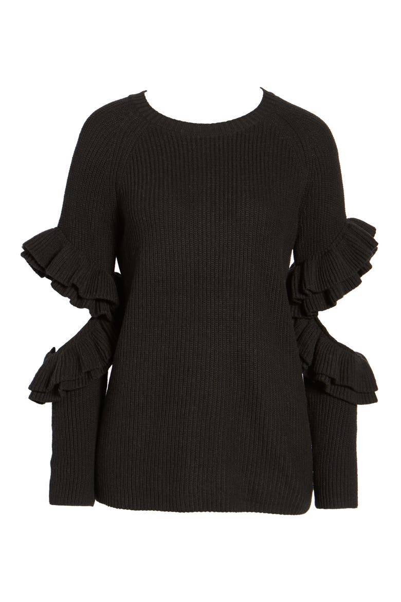 Elbow Cutout Ruffle Sweater, Alternate, color, BLACK