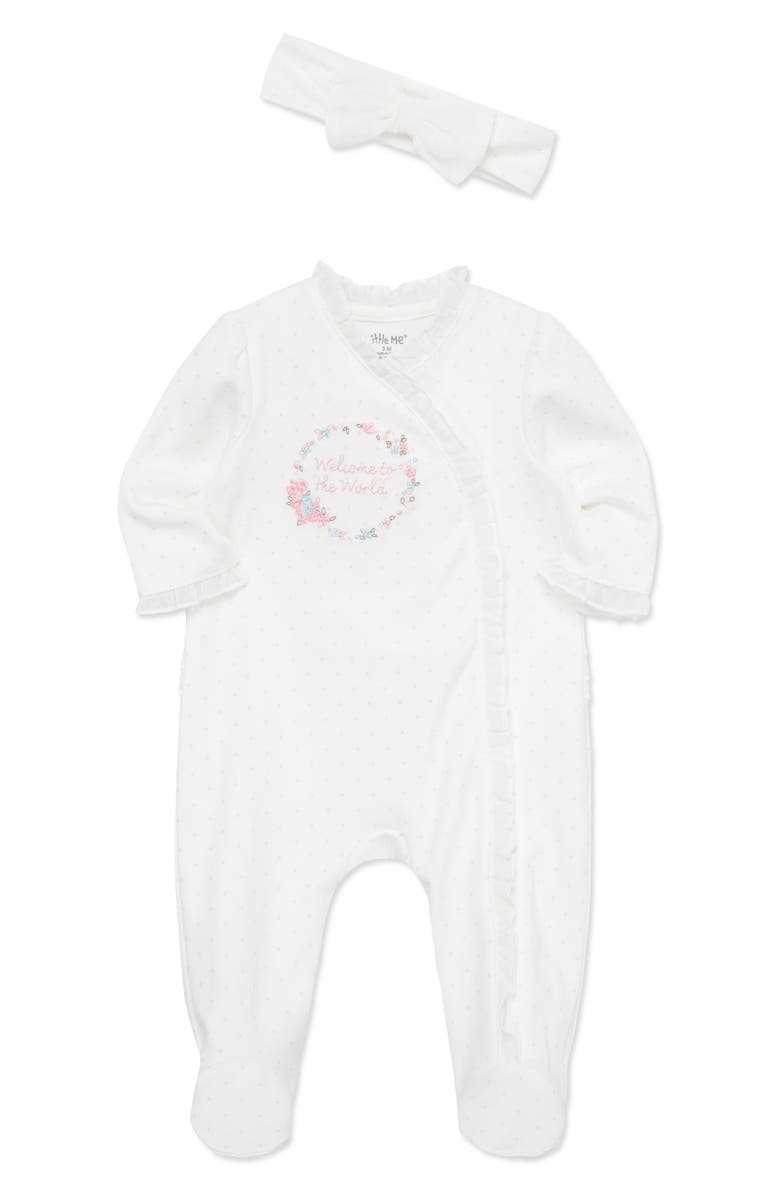 Little Me Floral Dot Cotton Footie & Headband Set, Alternate, color, Ivory