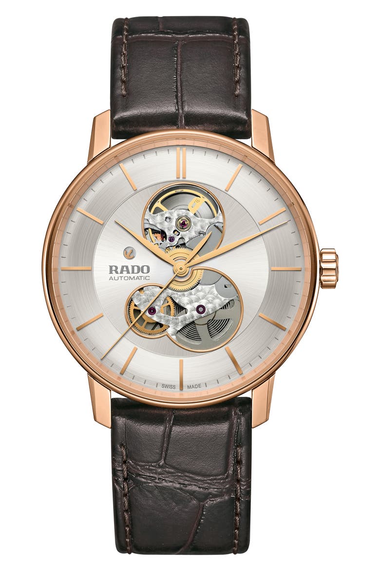 Coupole Classic Automatic Leather Strap Watch, 41mm, Main, color, BROWN/ SILVER/ ROSE GOLD