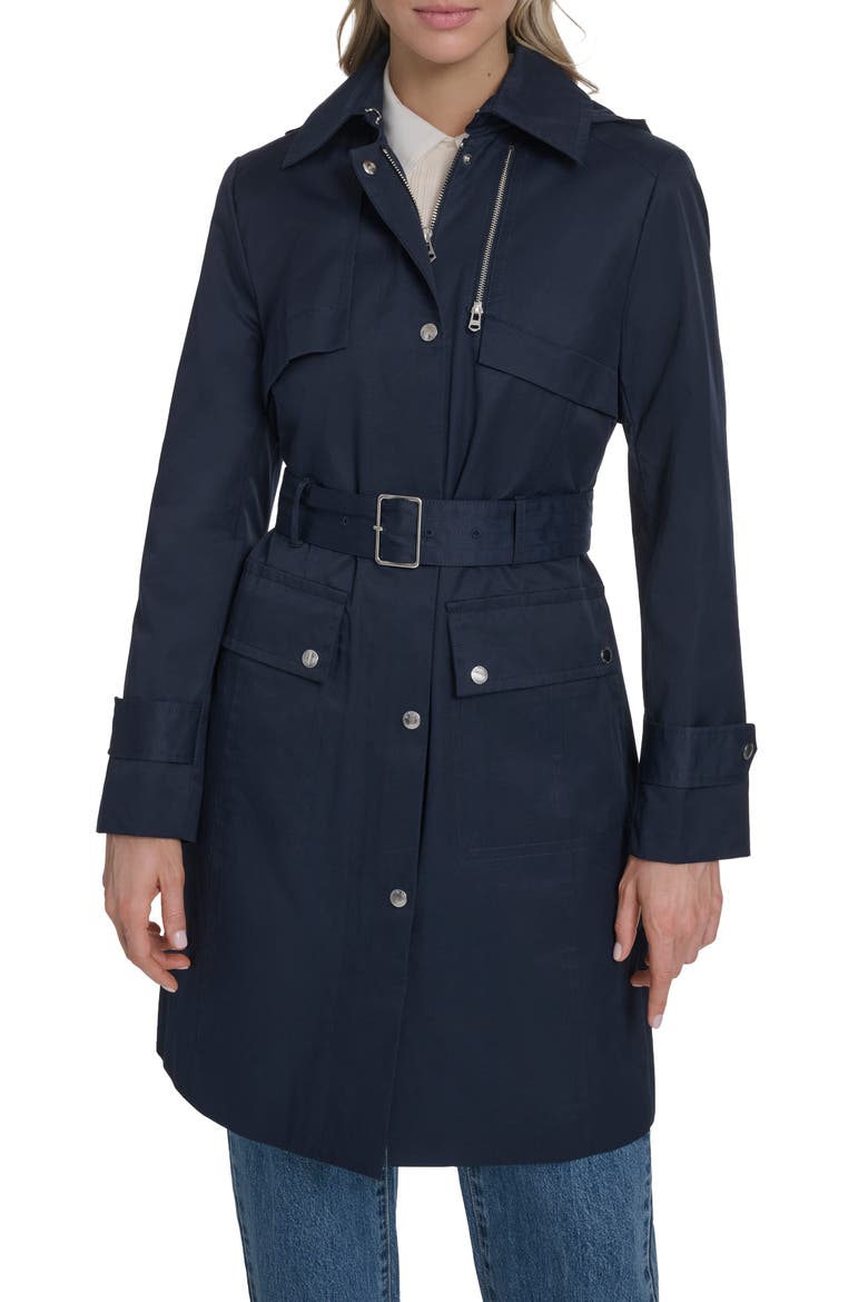 Water Resistant Convertible Collar Belted Trench Coat with Removable Hood, Main, color, NAVY