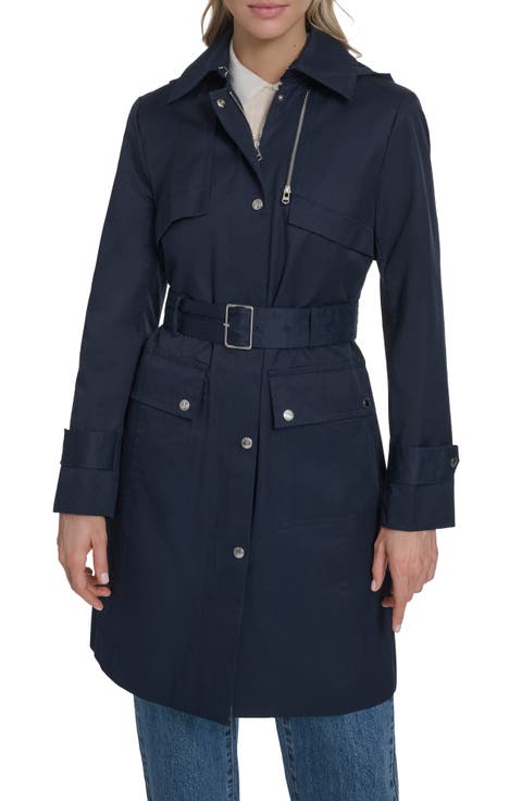 Water Resistant Convertible Collar Belted Trench Coat with Removable Hood