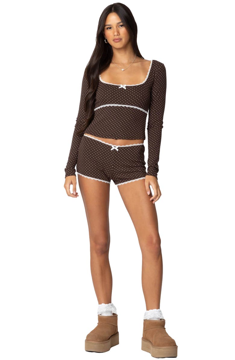 EDIKTED Juliana Polka Dot Crop Top, Alternate, color, Brown