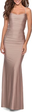 La Femme Long Ruched Jersey Dress with Thin Straps