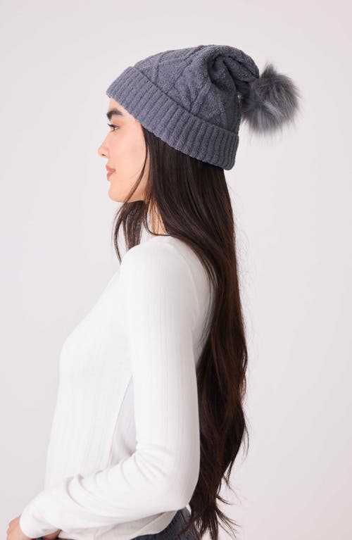Pj Salvage Faux Fur Pompom Chenille Cable Knit Beanie In Gray