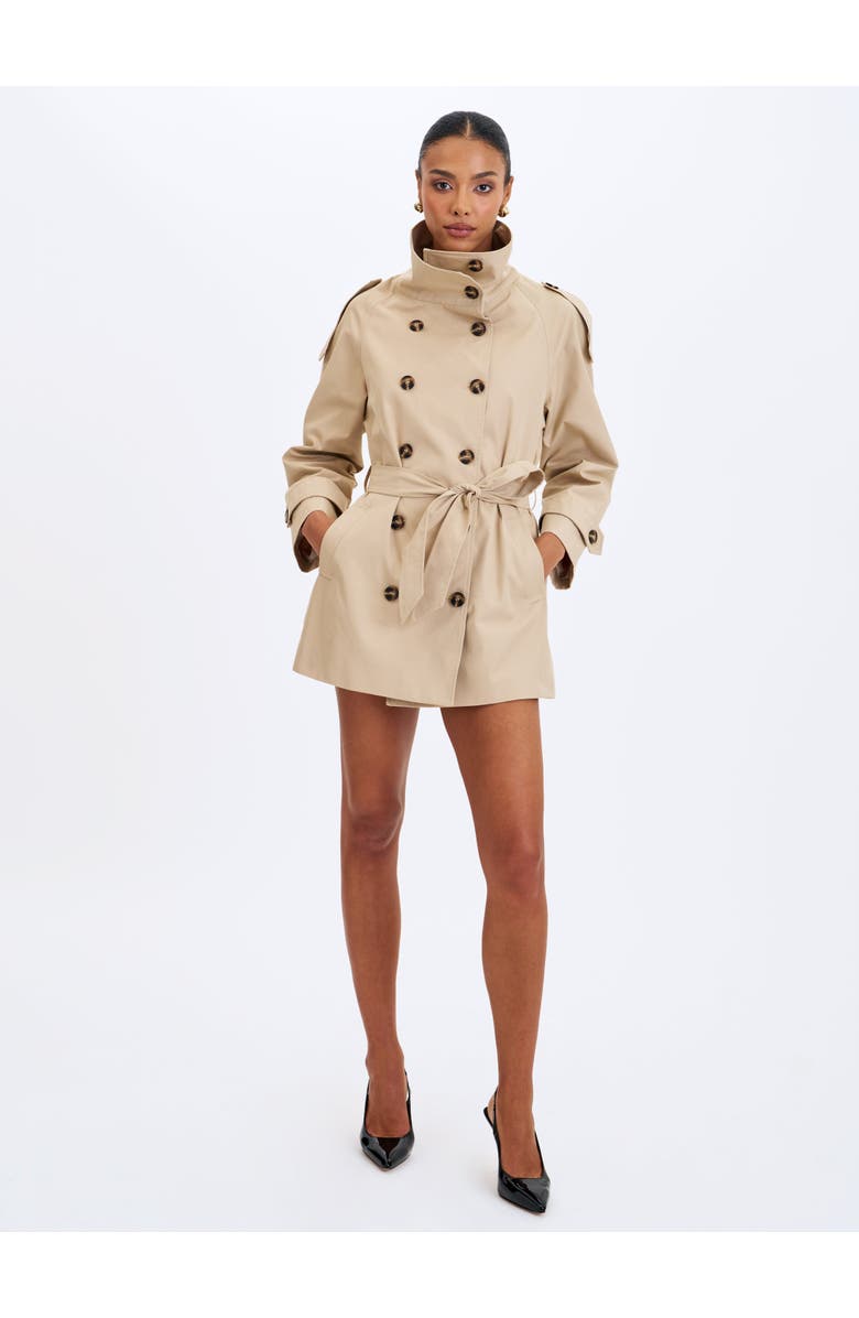 Miss Circle Vanetta High Collar Double-Breasted Trench Mini Coat, Alternate, color, Tan