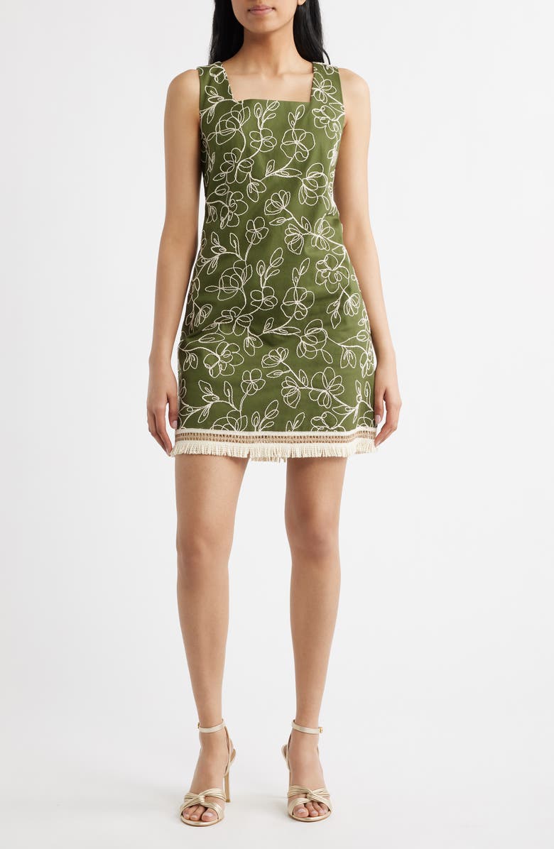 Tahari ASL Embroidered Fray Hem Sleeveless Minidress, Main, color, Agave