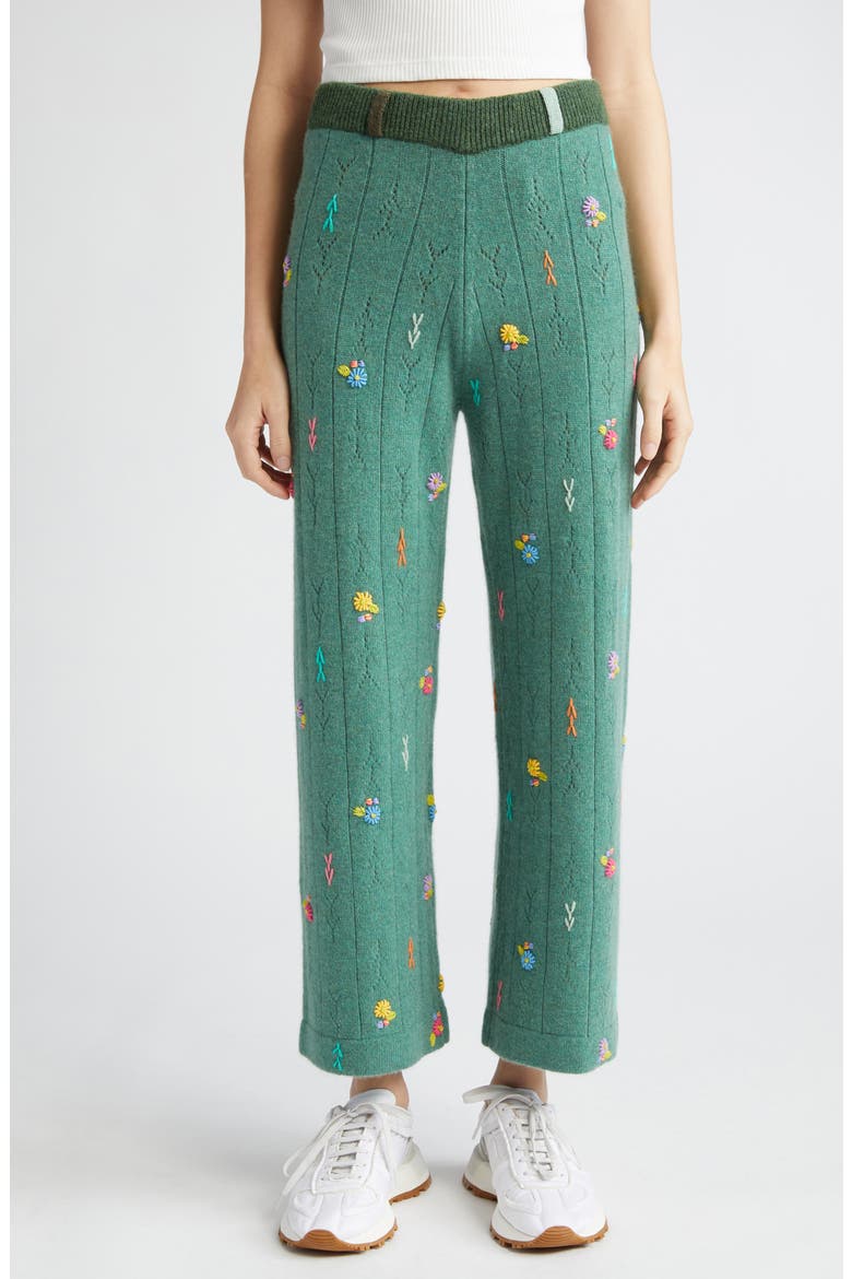 Daisy Embroidered Pointelle Knit Lambswool Pants, Main, color, JADE