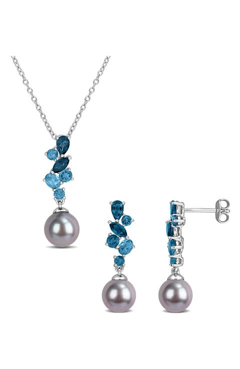 8-8.5mm Cultured Freshwater Pearl & Gemstone Cluster Earrings & Necklace Set