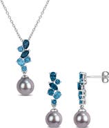 DELMAR 8-8.5mm Cultured Freshwater Pearl & Gemstone Cluster Earrings & Necklace Set