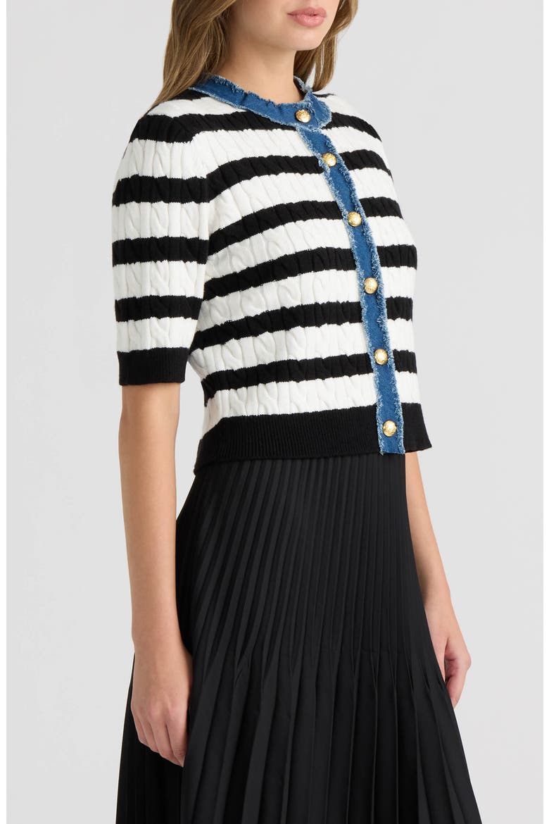 Cable Cardigan with Denim Trim, Alternate, color, MRSHMLW/ BLCK STRP