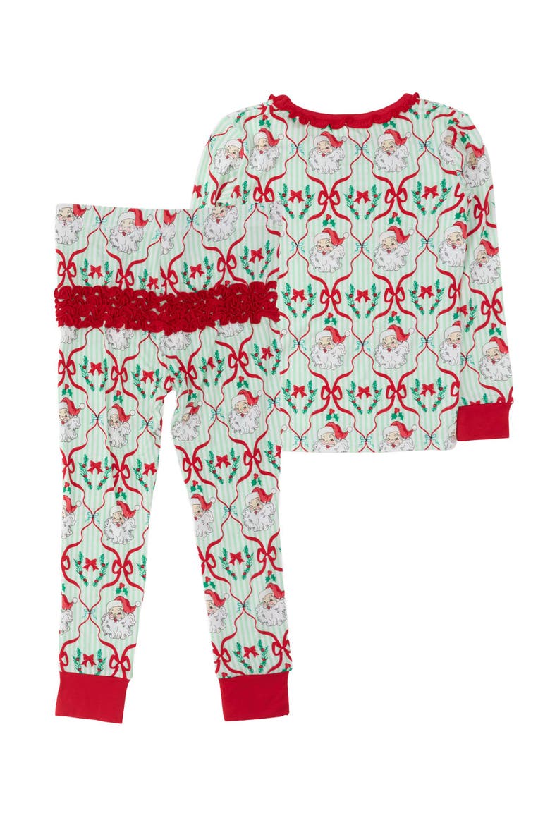 Ruffle Long Sleeve Pajama Set, Signature Rear Ruffles, Alternate, color, Green Stripe Dear Santa