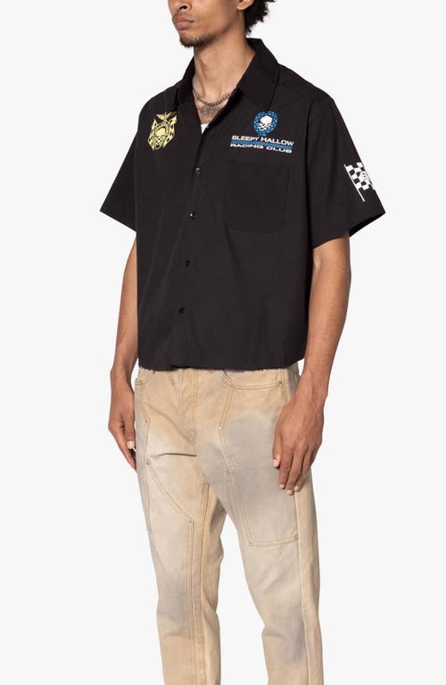 Mnml Shrc Pit Crew Fray Hem Crop Button-up Shirt In Black