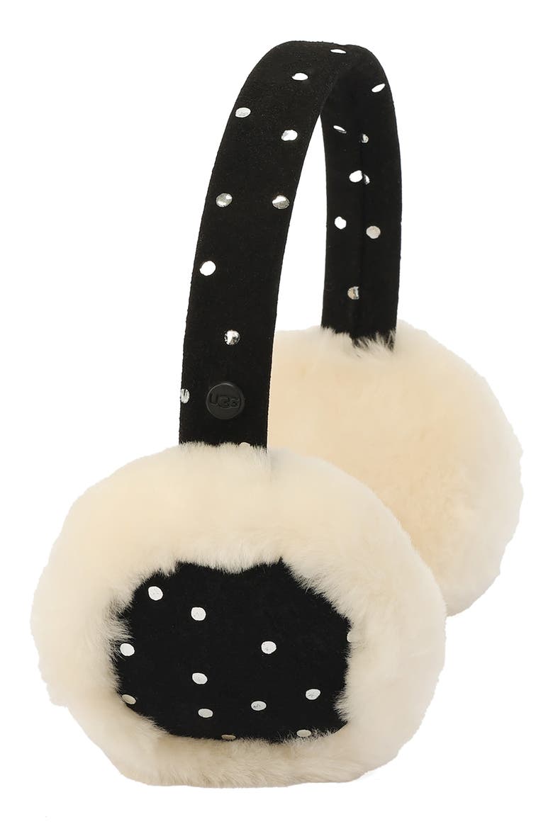Metallic Dot Genuine Shearling Earmuffs, Alternate, color, BLACK