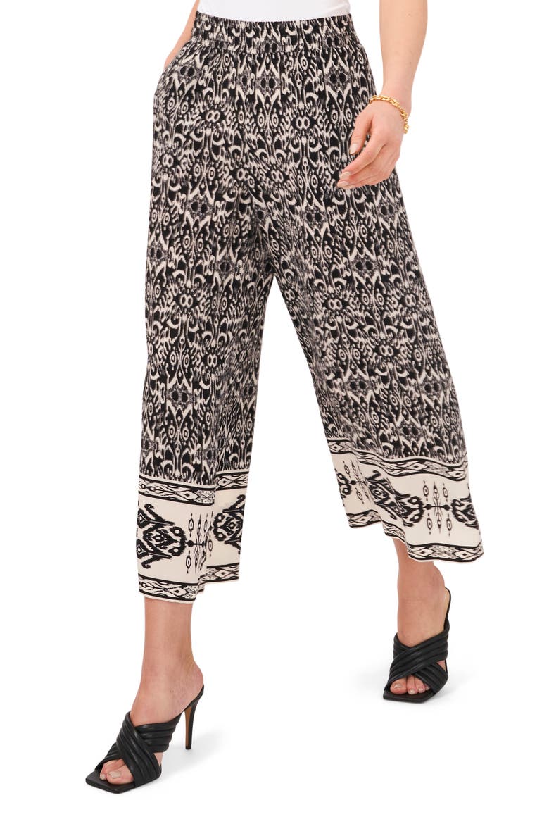 Ikat Wide Leg Pull-On Pants, Alternate, color, RICH BLACK