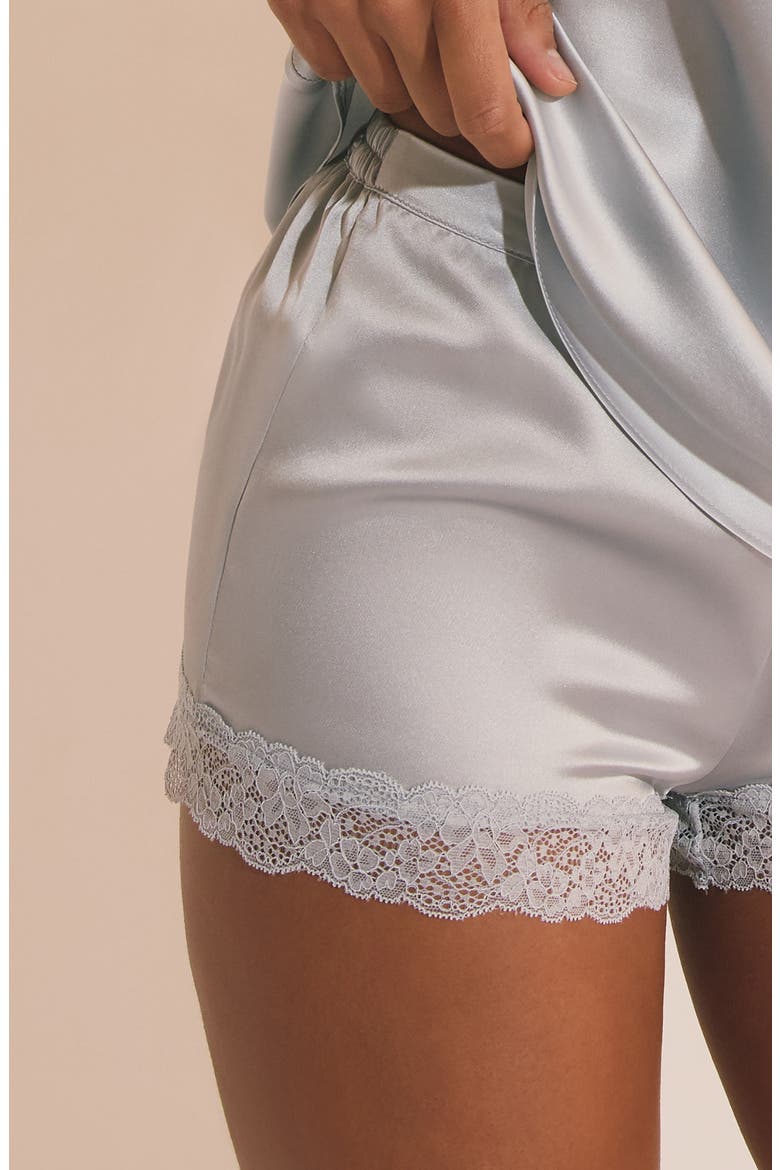 Milky Lace Trim Washable Silk Satin Pajama Shorts, Alternate, color, SILVER