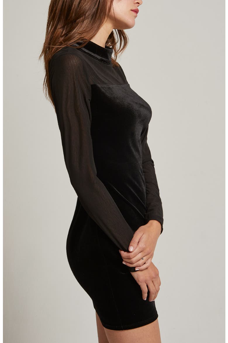 Mock Neck Mixed Media Velvet Mini Dress, Alternate, color, Black