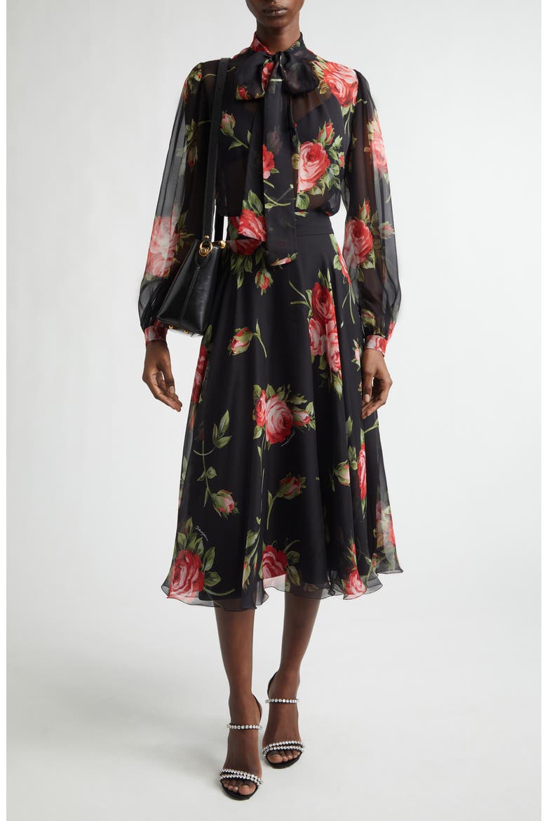Rose Bouquet Silk Chiffon A-Line Midi Skirt, Alternate, color, BOUQUET ROSE F.NERO