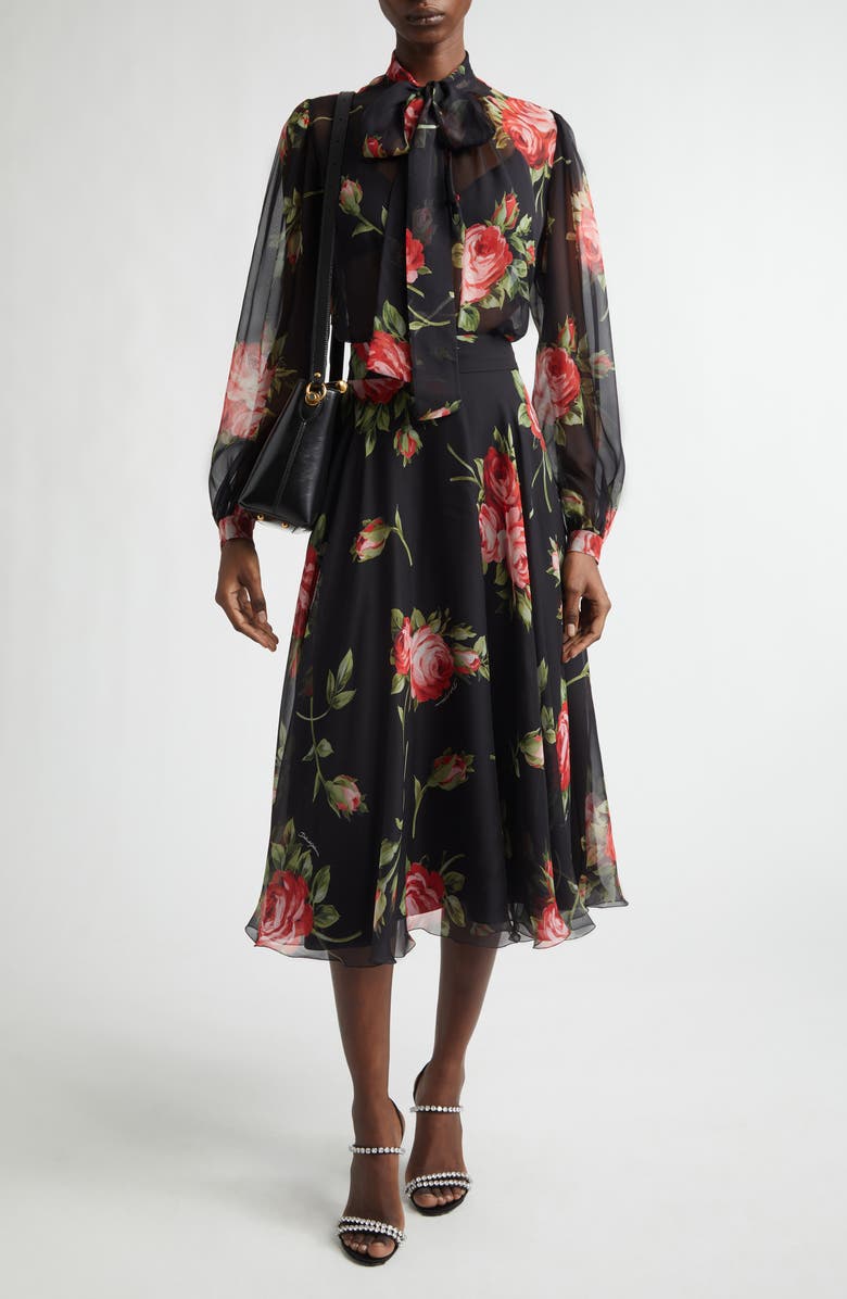 Dolce&Gabbana Bouquet Silk Chiffon Top, Alternate, color, Bouquet Rose F.nero