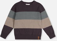 Deux par Deux Colorblock Knit Ribbed Cuffs Crew Neck Sweater