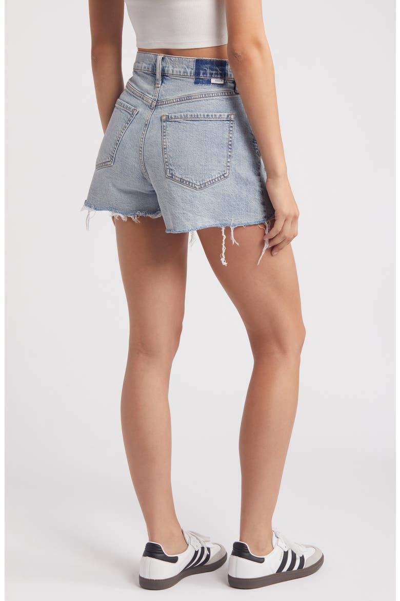 Troublemaker Distressed High Waist Denim Shorts, Alternate, color, JUST KISSED