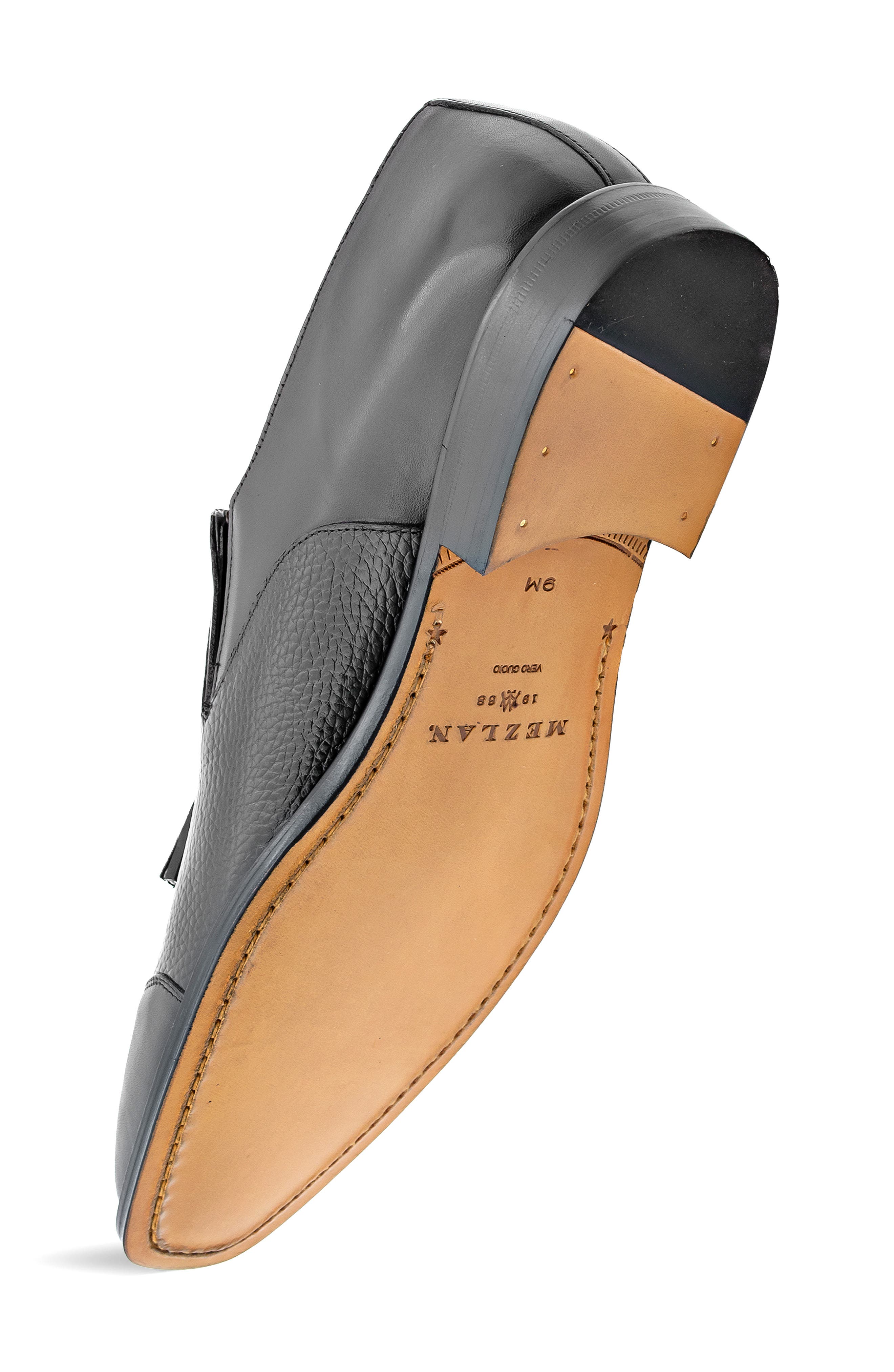 Mezlan Tassel Ornament Leather Loafer, Alternate, color, Black