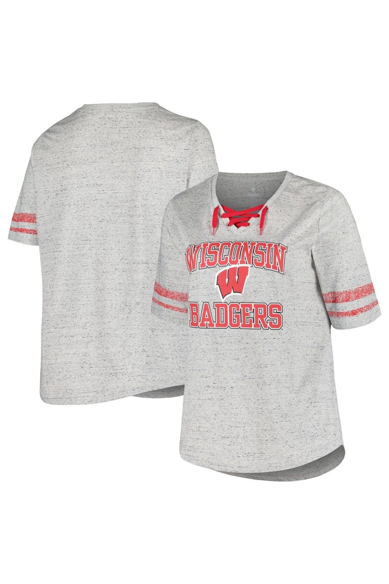 Women's Profile Heather Gray Wisconsin Badgers Plus Size Striped Lace-Up V-Neck T-Shirt, Main, color, Heather Gray