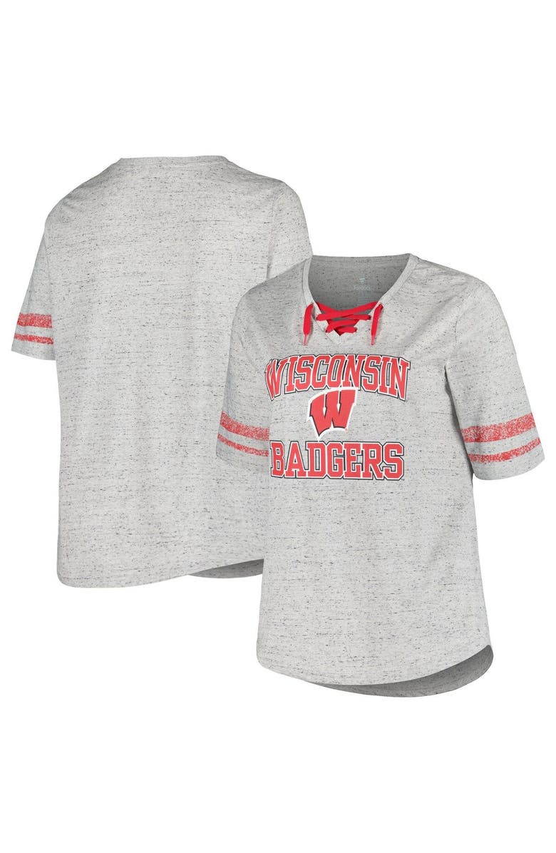 PROFILE Women's Profile Heather Gray Wisconsin Badgers Plus Size Striped Lace-Up V-Neck T-Shirt, Main, color,