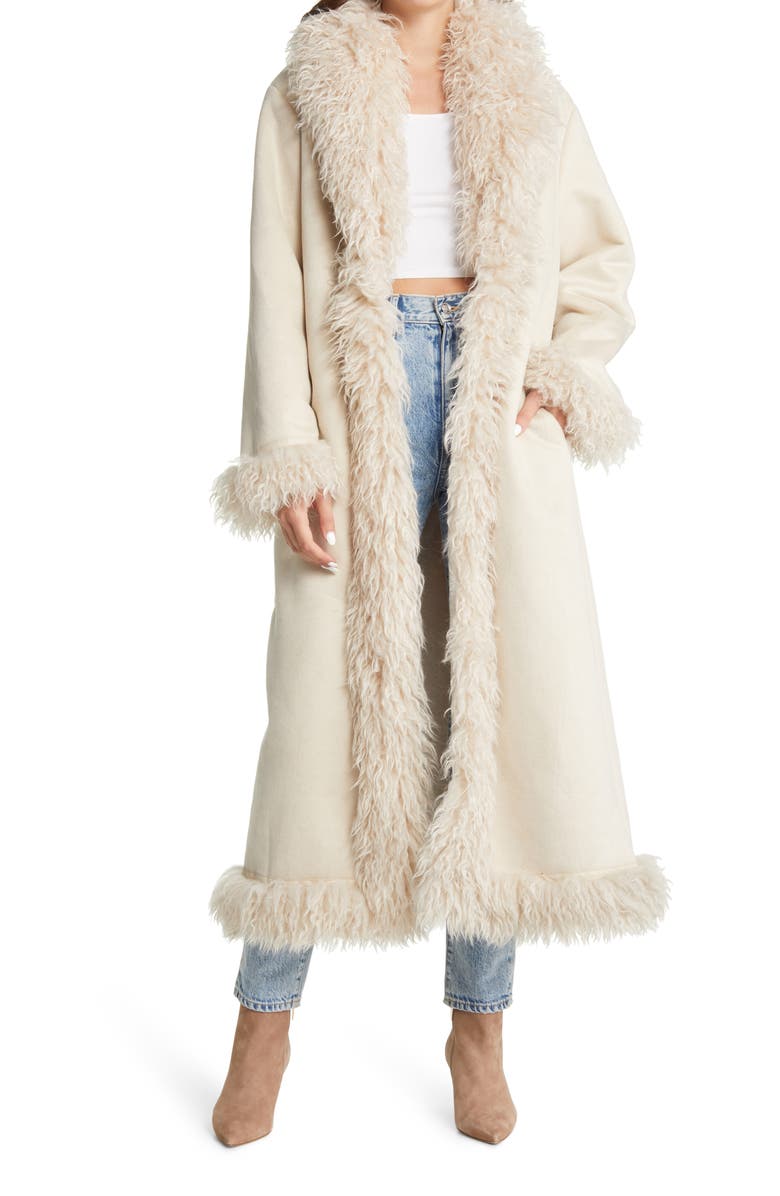 AZALEA WANG Longline Trench Coat with Faur Fur Trim, Main, color,